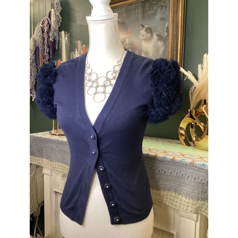 Twelve by Twelve Navy Blue Rosette Puff Sleeve Cardigan Sweater Small
